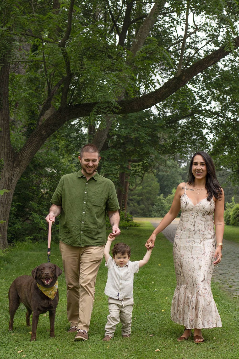 A family walks together holding hands with their dog on a tree-lined path in a park on a summer day.