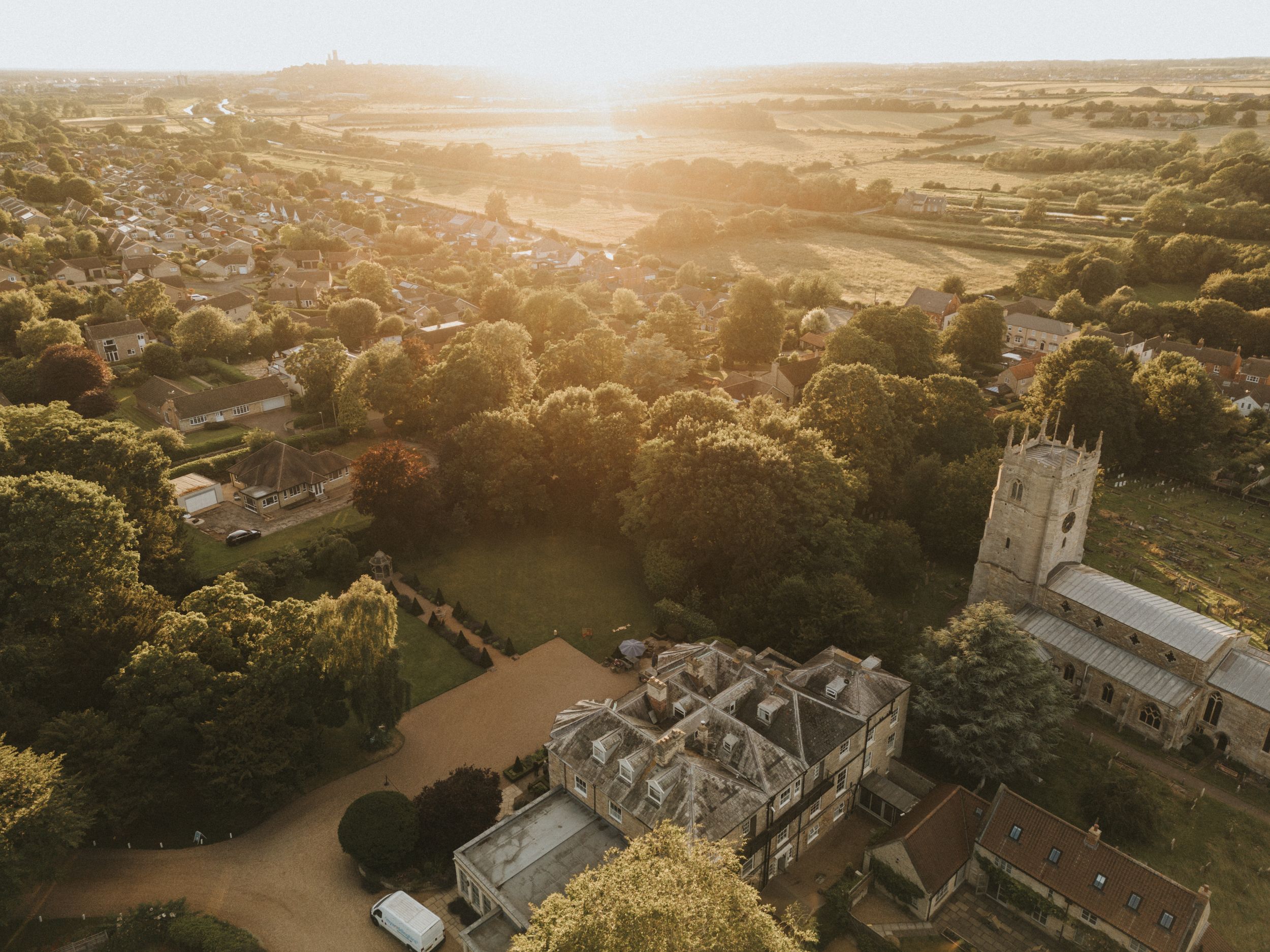 Aerial view of Washingborough Hall at sunset - taken by Grimsby photographer.