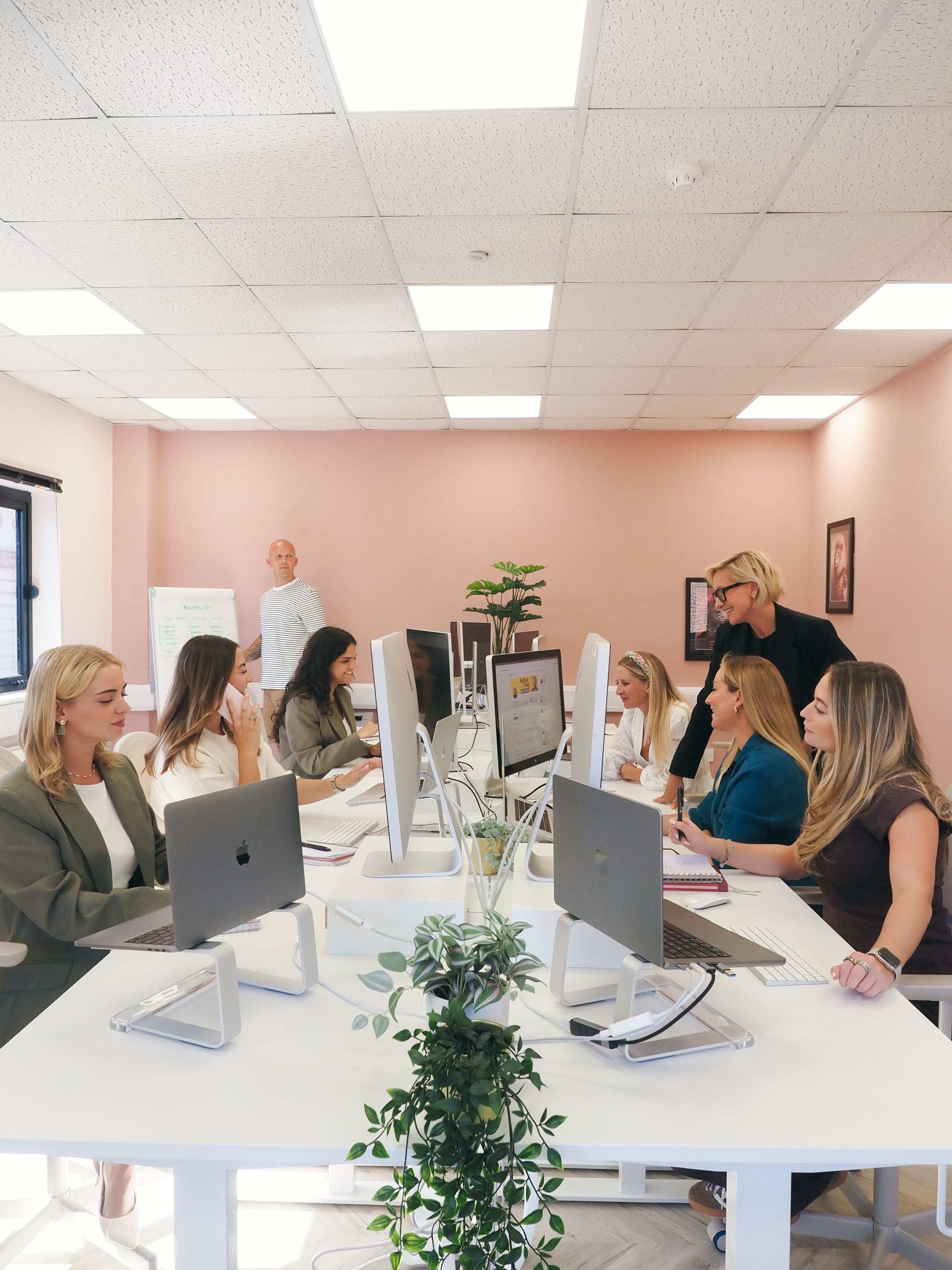 Modern office workspace with iMac computers and potted plants in a bright room with pink walls and fluorescent lighting.