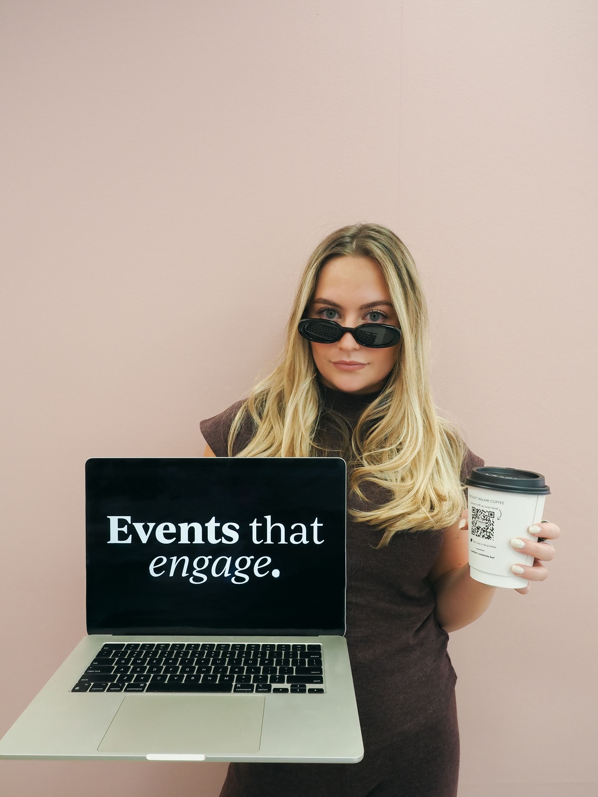 In a photo series, a woman in black with blonde hair holds a coffee cup and works on a laptop displaying "Events that engage".