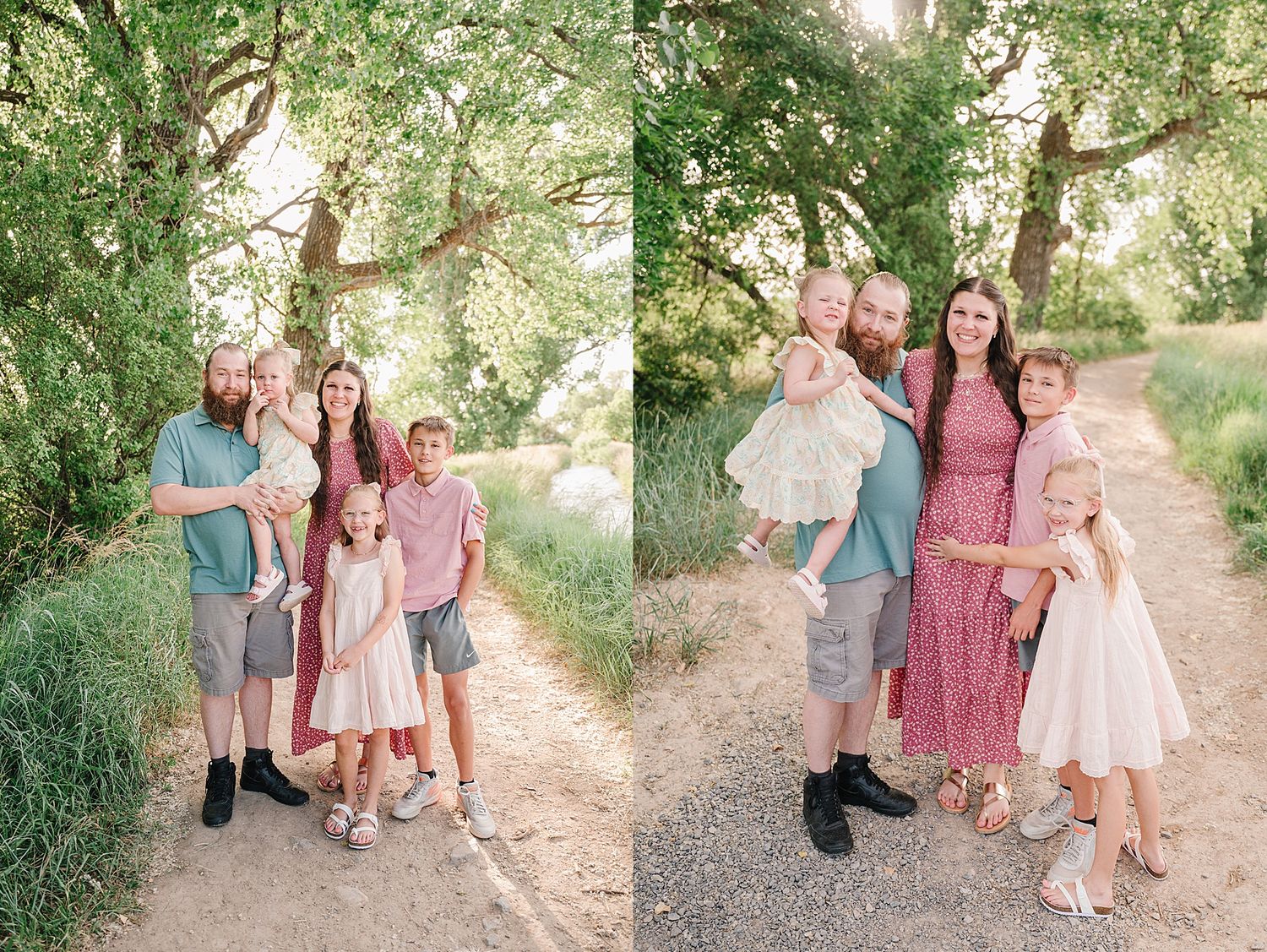 Group poses together in a series of outdoor family photos along a tree-lined path wearing coordinating pink and blue outfits.