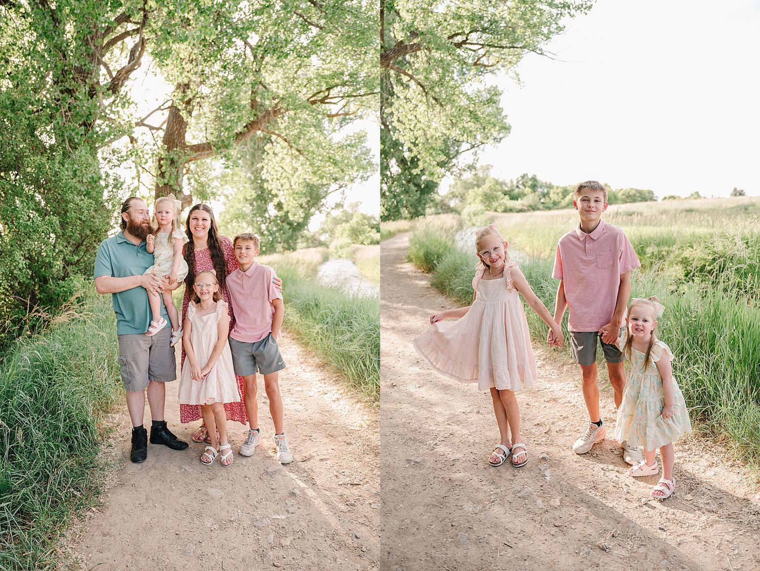 A family walking together on a winding dirt path surrounded by lush greenery during a summer sunset photo session.