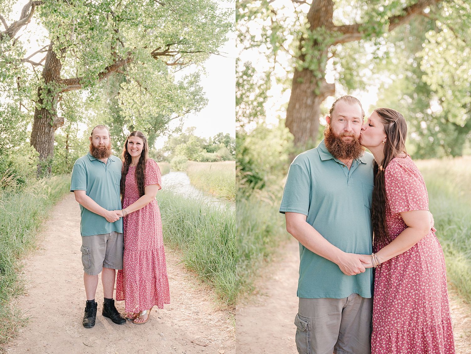 A couple embraces on a tree-lined nature path wearing turquoise and pink floral outfits during a summer photo session.