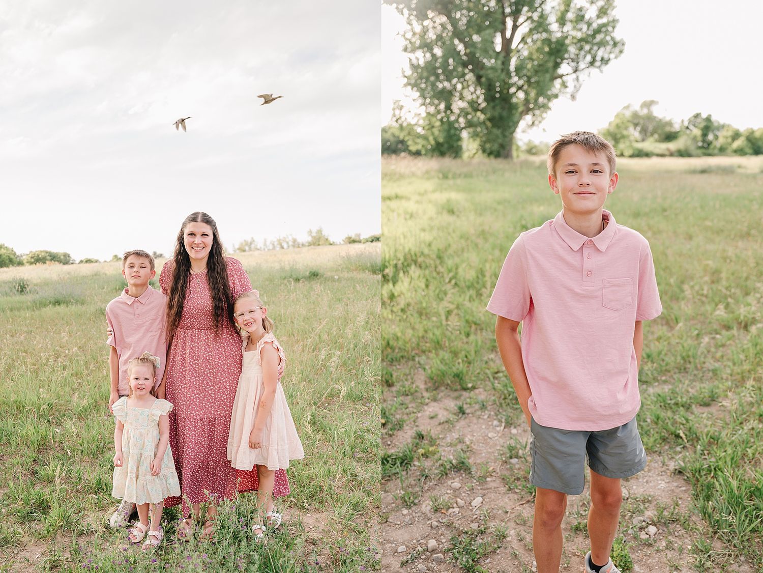 Happy pink-clad family captures candid moments together in a sun-kissed grassy field during golden hour.