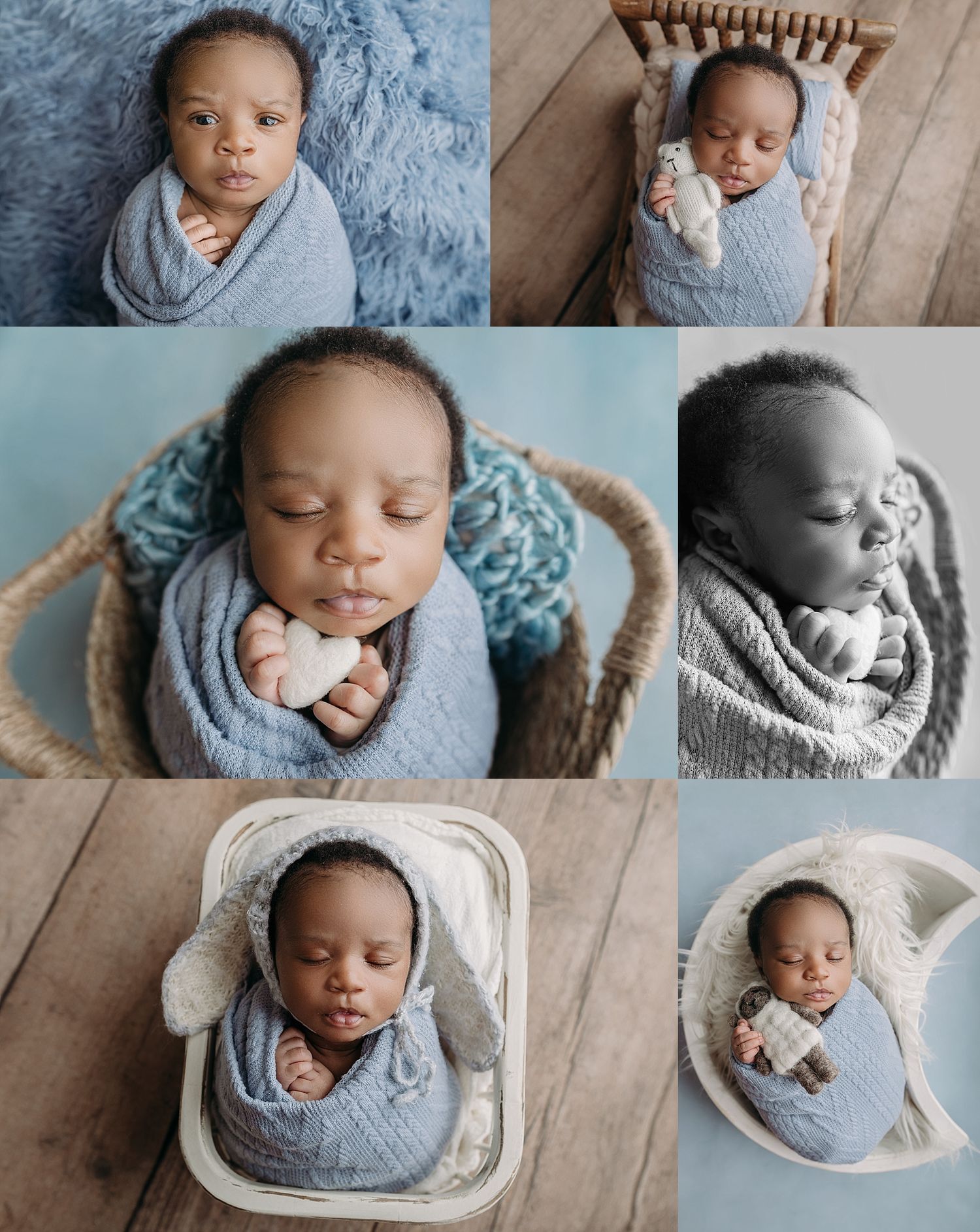 Newborn photography session featuring soft sage green wrapping and rustic wood props in a neutral studio setting.
