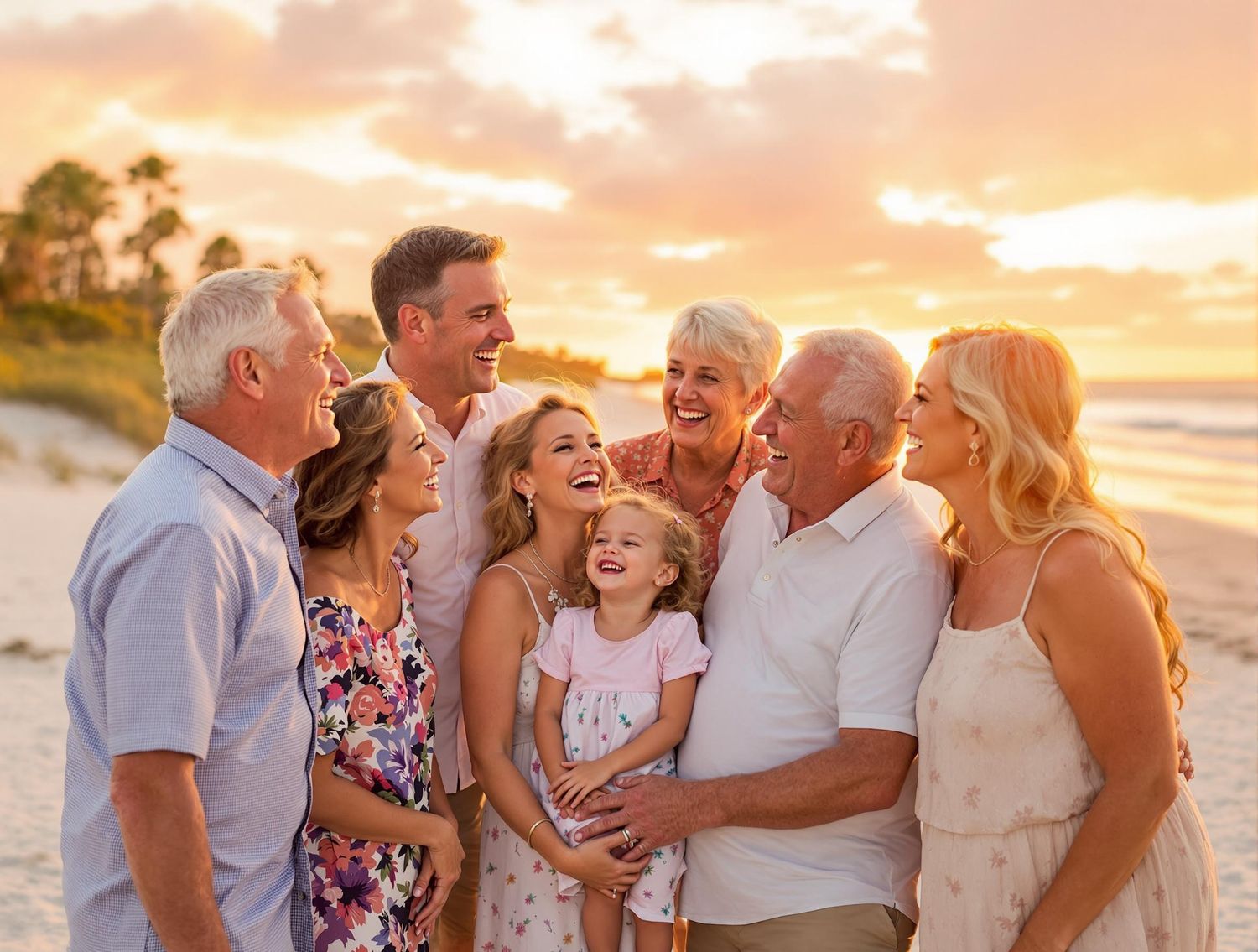 A multi-generational family shares joyful laughter together on the beach at sunset with golden light and ocean views.