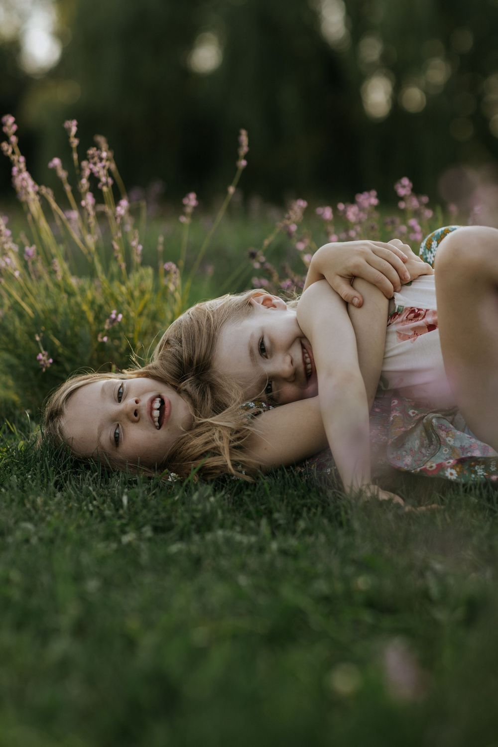 Two children laying in green grass in a lavender field near Ottawa, ON on a sunny summer day.
