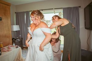 Wideangle view of a wedding preparation space with natural lighting.