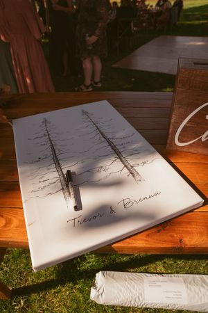 A book or drawing pad sits on a wooden surface displaying sketches of evergreen trees under natural lighting conditions.