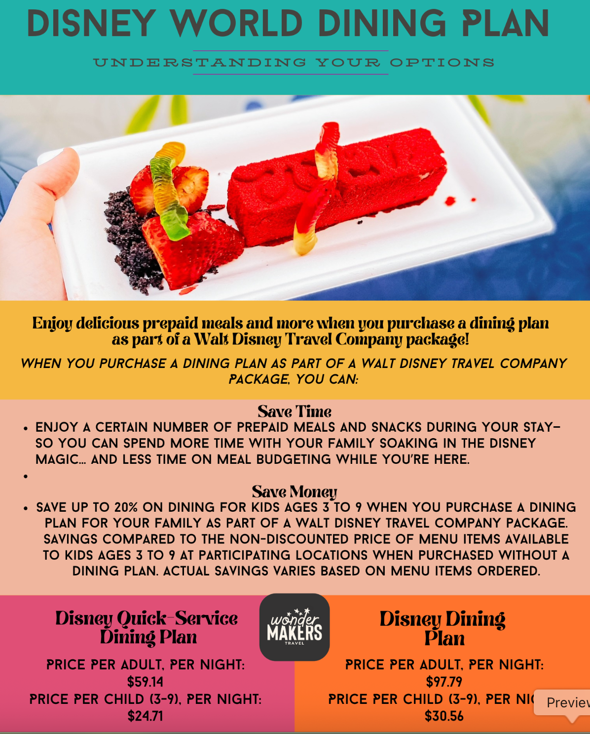Disney World dining plan information card showing meal prices and a plated red dessert.