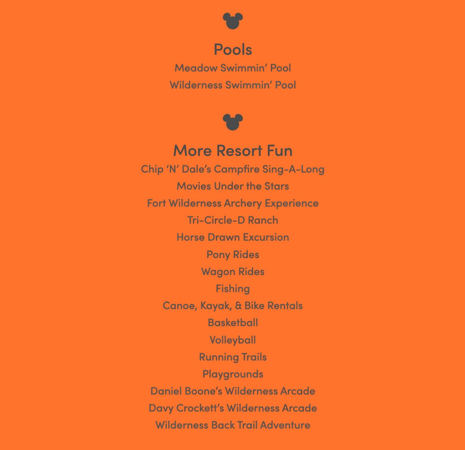 Resort activities menu listing pools and recreation options on orange background.