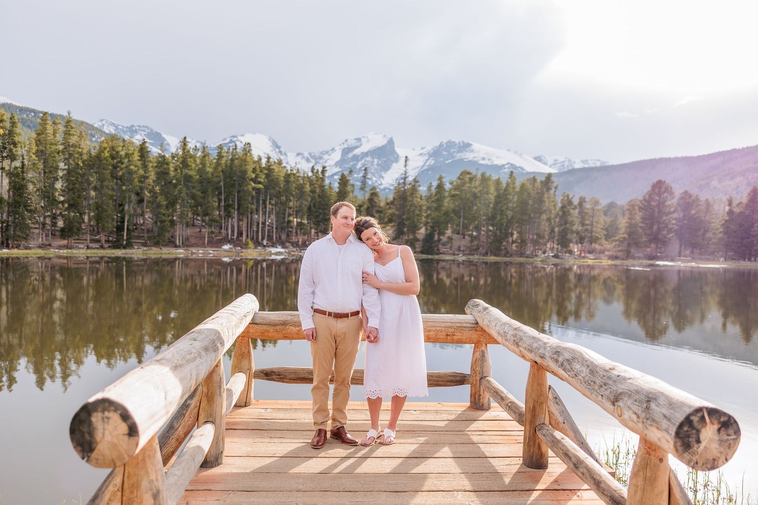 elopement couple by calm Sprague Lake, sunrise reflection of mountains in water, accessible and romantic RMNP location