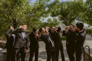Wedding party members lined up outdoors under green trees.