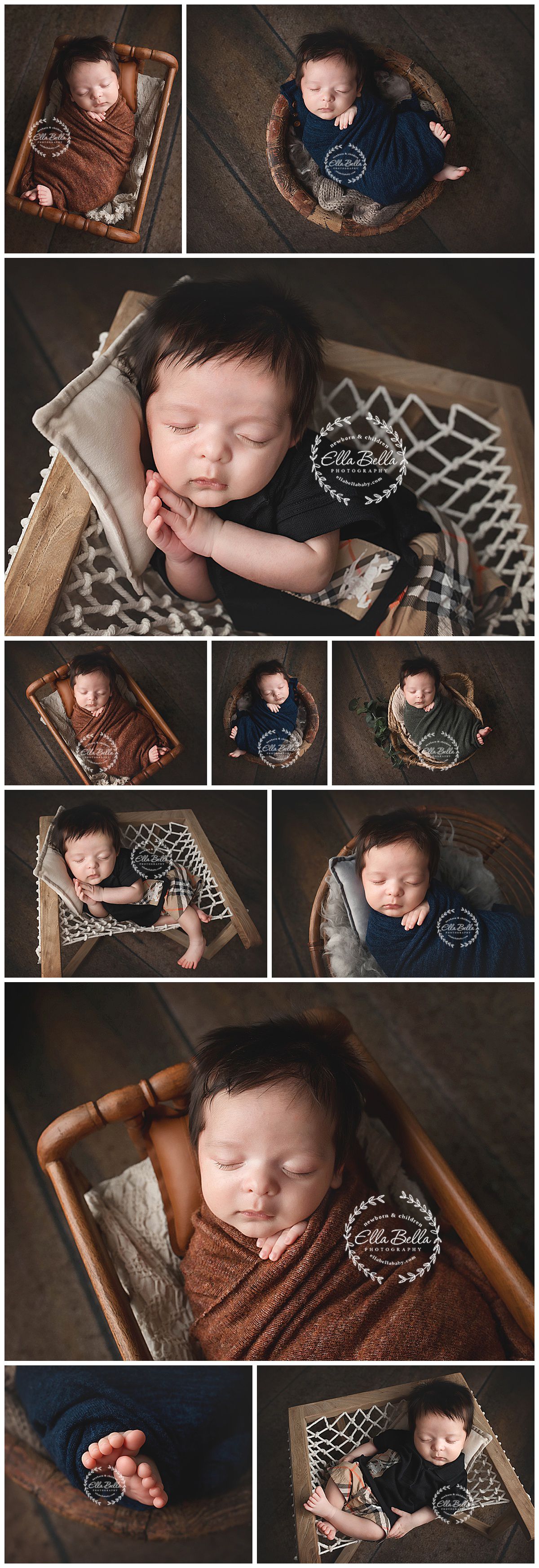 Peaceful newborn photography session featuring cozy baskets, brown and navy wraps, and neutral-toned geometric blankets.