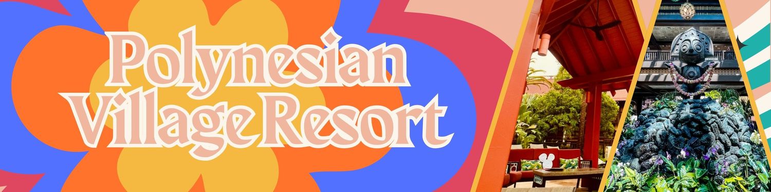 Polynesian resort banner with tropical themed decorative elements.