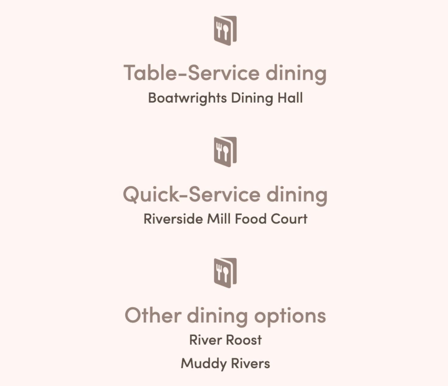 List of dining options including table service and quick service restaurants at a resort.