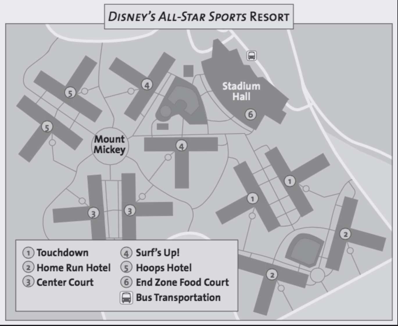 Map layout of Disney's All-Star Sports Resort showing building locations and amenities.