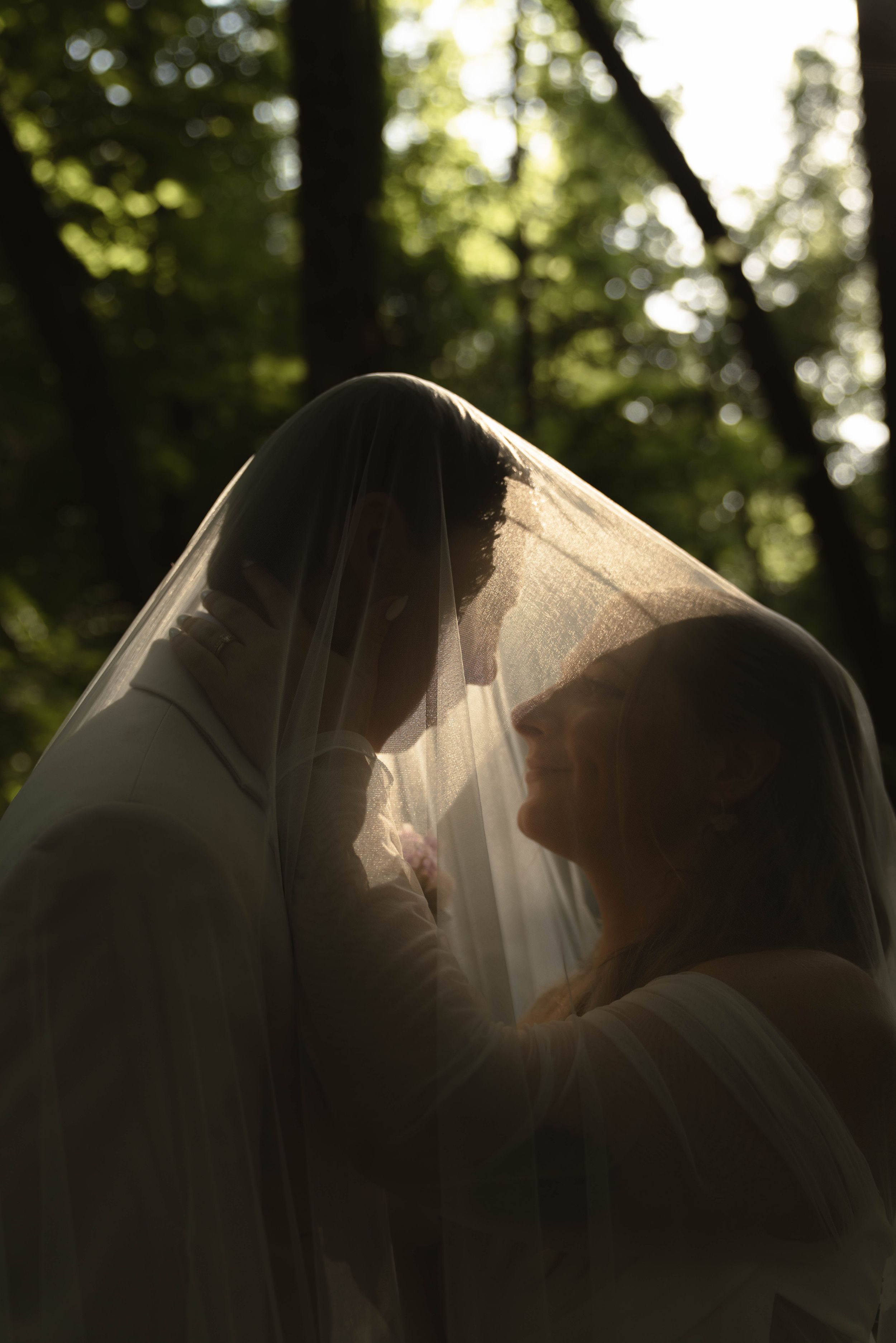 Silhouetted wedding couple shares an intimate moment under a veil in dappled forest light.