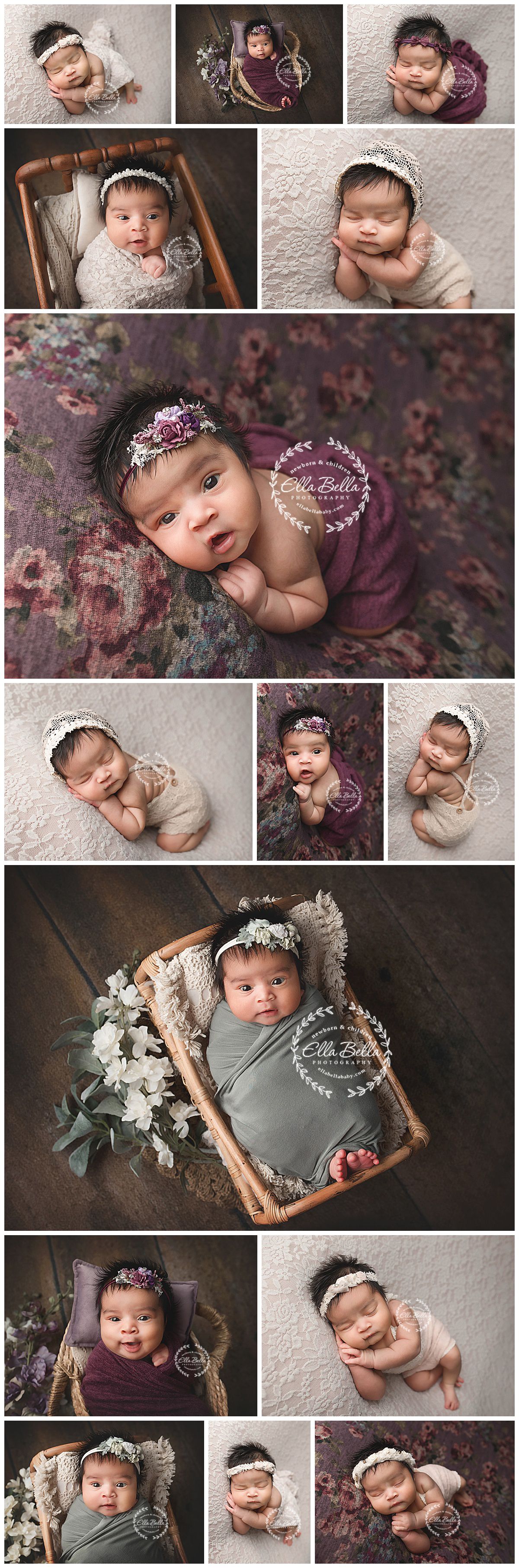 Professional newborn photography session featuring plum and gray tones with delicate floral and lace accessories.