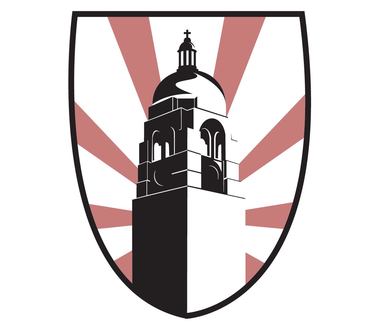 Minimalist black and white logo designs featuring church towers with radiating sunburst patterns in the background.