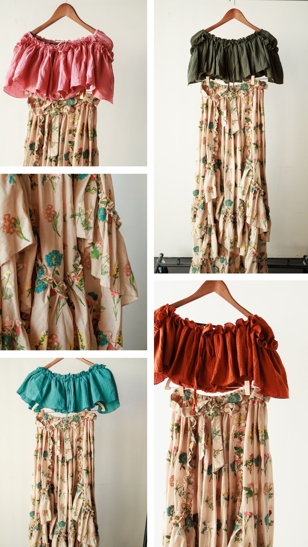 Floral off-shoulder dresses with ruffled necklines in various earth tones displayed on wooden hangers.