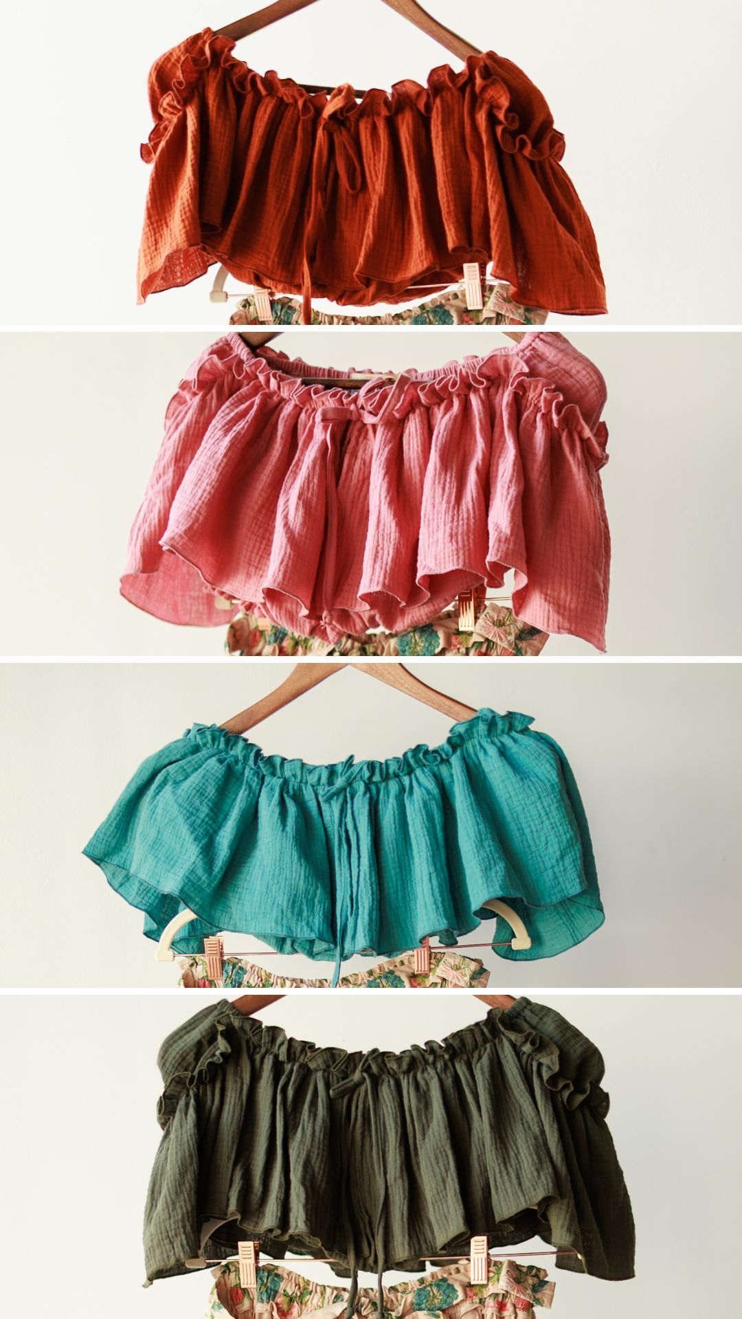 Four ruffled fabric trims in rust, pink, turquoise and olive green colors arranged vertically against white background.
