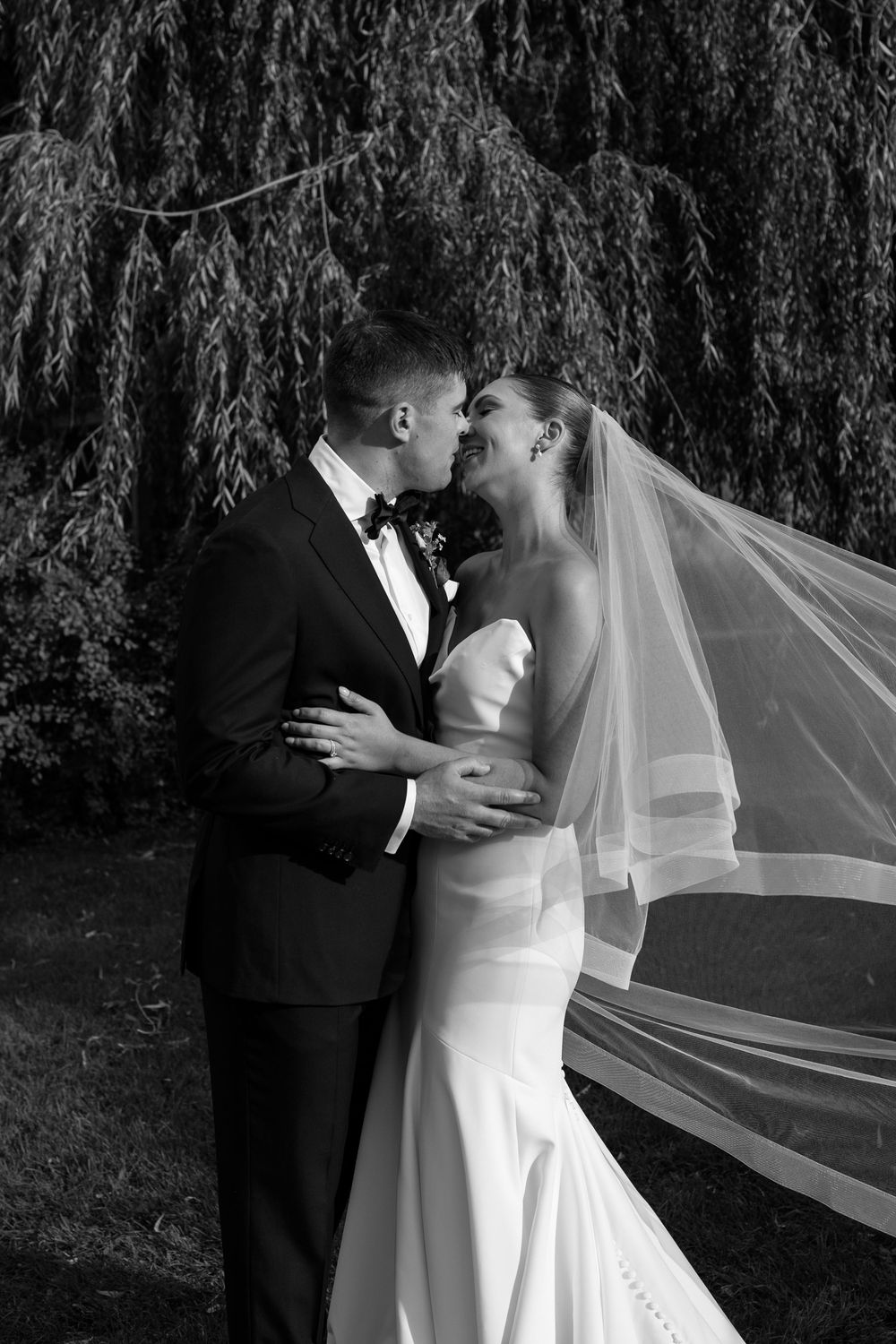 A romantic black and white wedding photo shows a couple embracing under a weeping willow tree.
