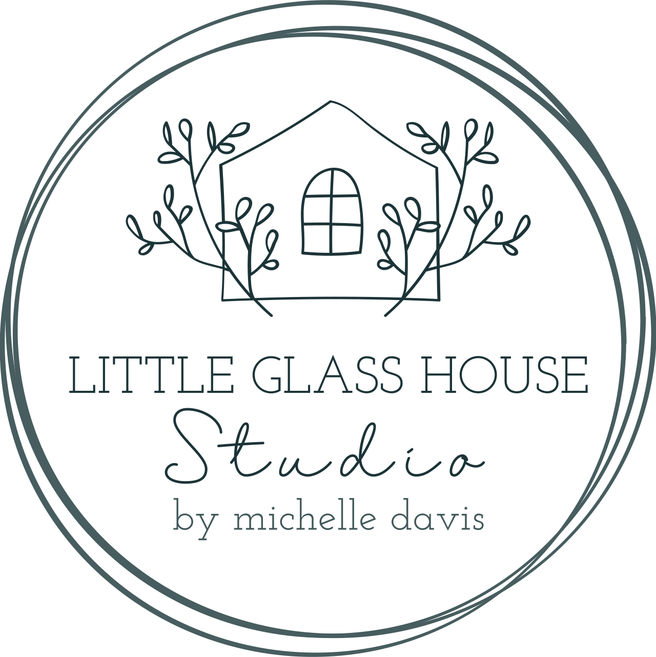 Set of minimalist circle logo designs featuring line art trees and houses for a business called Little Glass House.