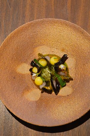 Modern plating of yellow spheres with green garnish in an artistic brown ceramic bowl.