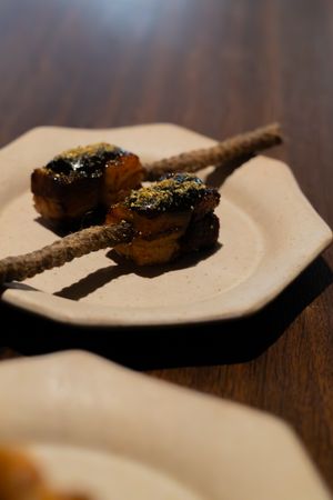 Artistically plated dark meat dish with green garnish served on a white ceramic plate.
