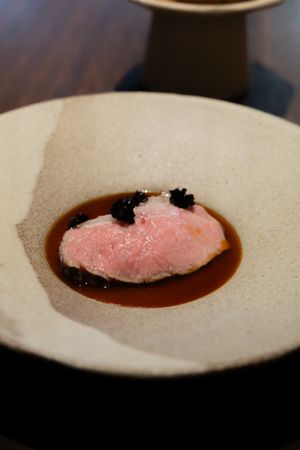 Pink sliced meat served with dark sauce and garnish on a textured ceramic plate.