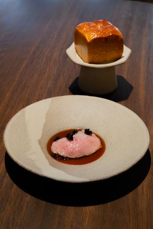 Elegant plating of pink meat alongside brown sauce on a modern white ceramic dish.