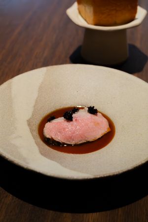 Thin slices of pink meat arranged artistically on white plates with dark sauce in an elegant restaurant presentation.