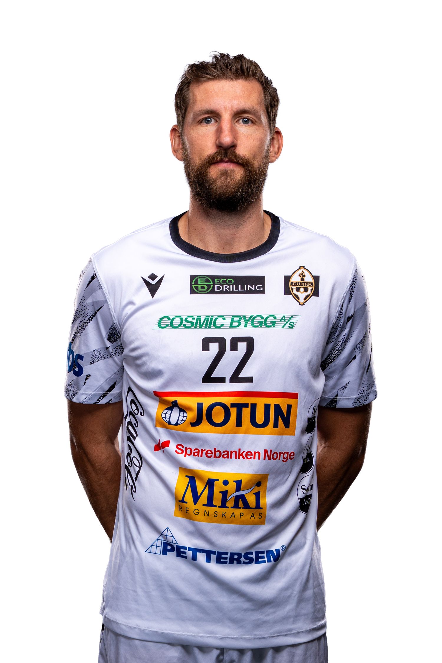 White handball jersey with sponsor logos and number 22, featuring sponsors like Cosmic Bygg, Jotun and Miki.