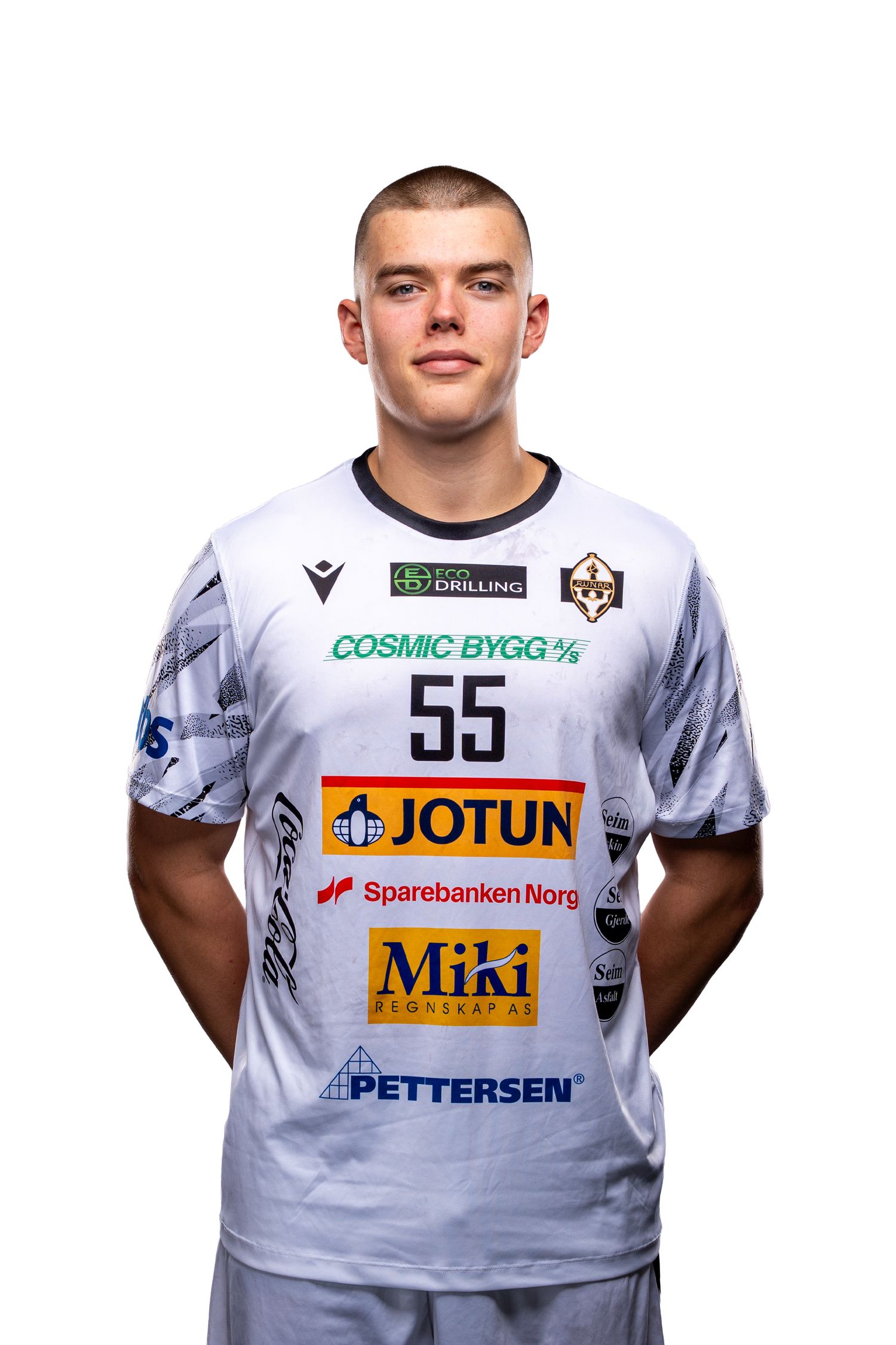 White sports jerseys displaying various sponsor logos including Jotun, Miki, and Sparebanken Nord.