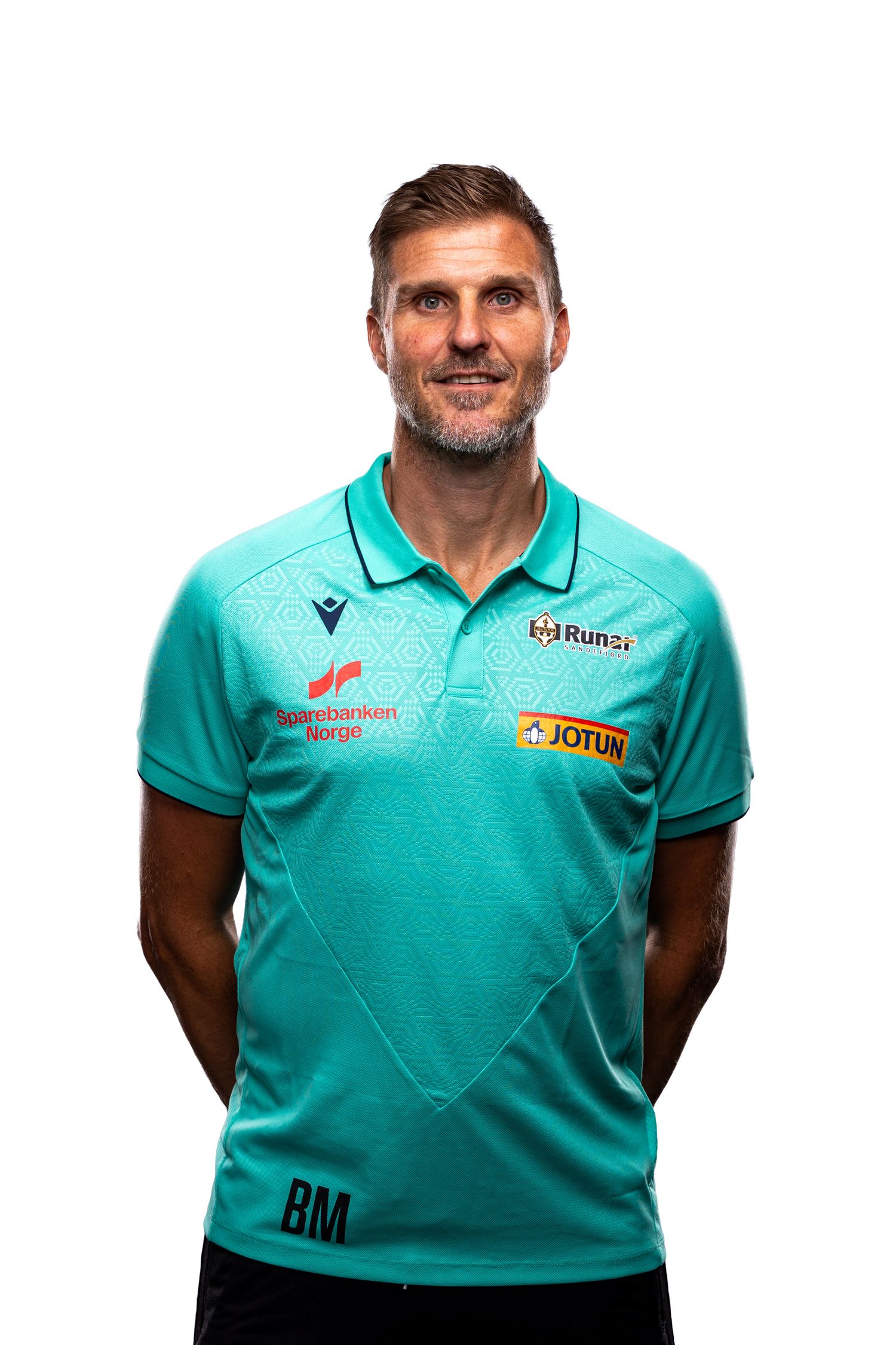 Man wearing turquoise polo shirt with orange logos shown in multiple poses against white background.