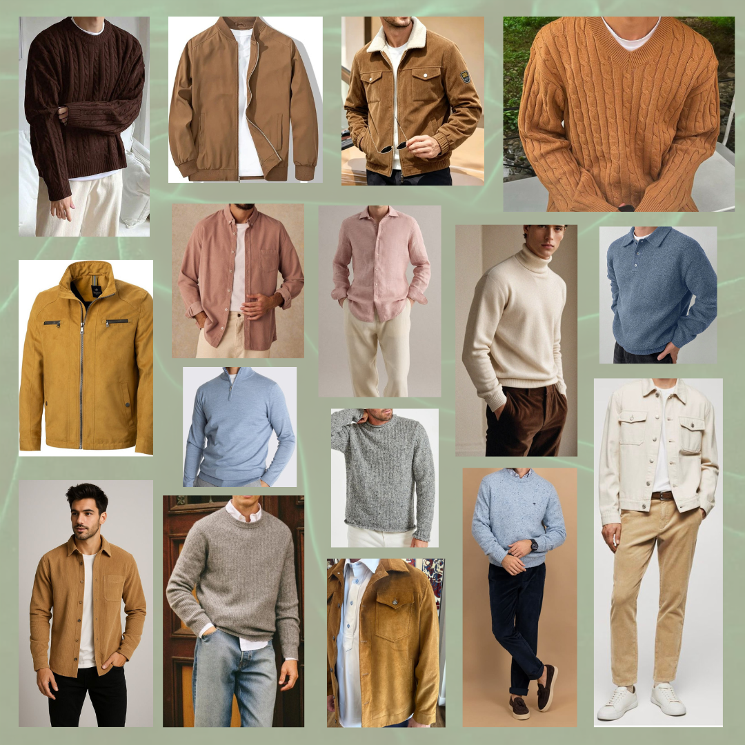 Fashion moodboard collage showing winter outfit styles with cozy sweaters, plaid skirts, and boots in warm brown tones.