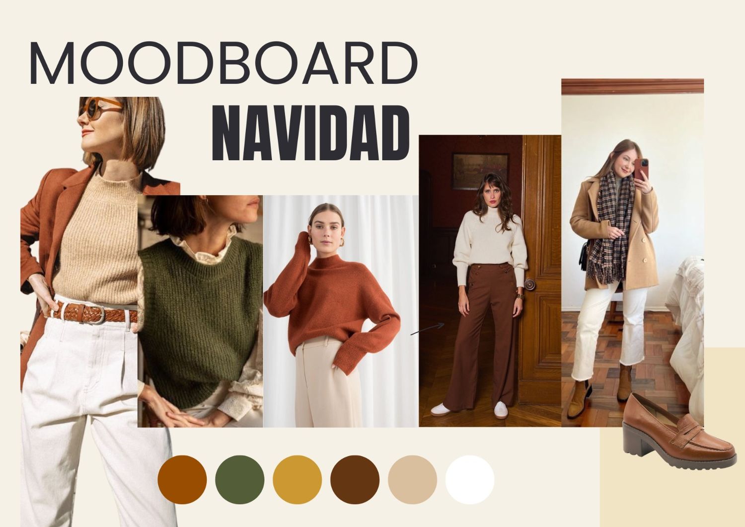Fashion moodboard collage showing winter outfit styles with cozy sweaters, plaid skirts, and boots in warm brown tones.
