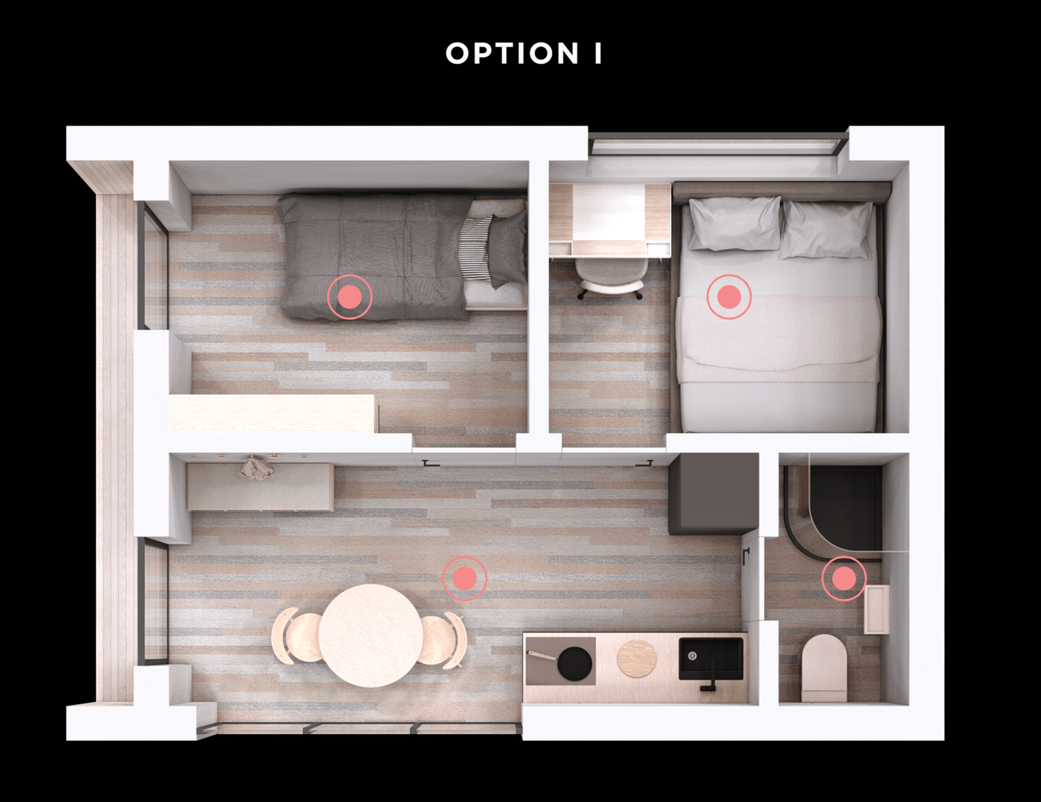 Interior floor plan rendering showing a linear apartment layout with kitchen, living area, bathroom and bedroom spaces.