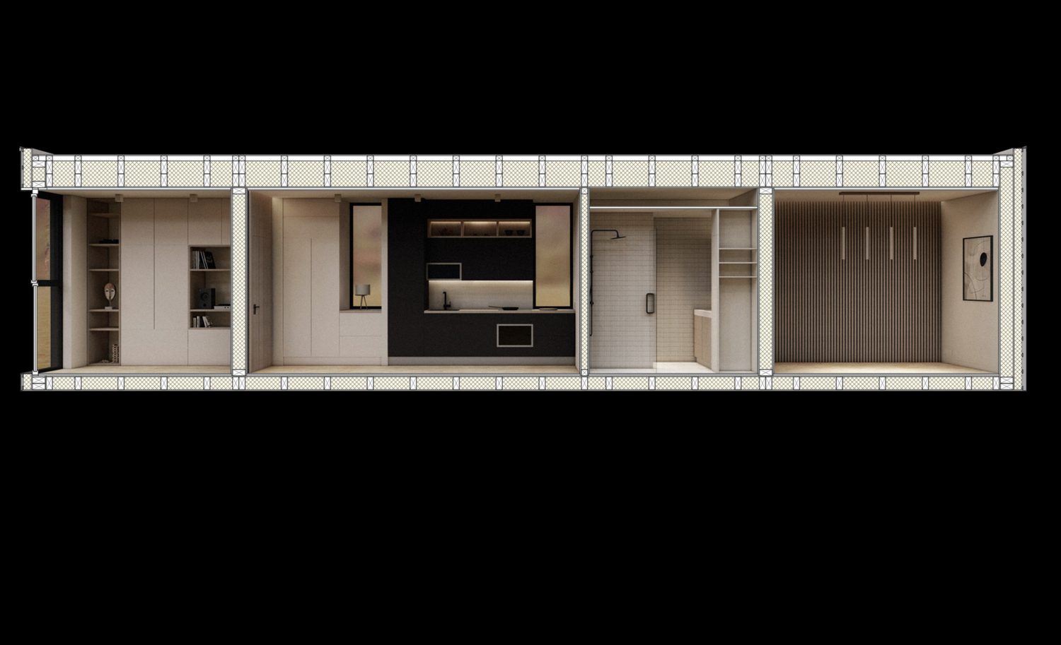 3D architectural section rendering showing interior spaces of a modern minimalist structure with white walls.