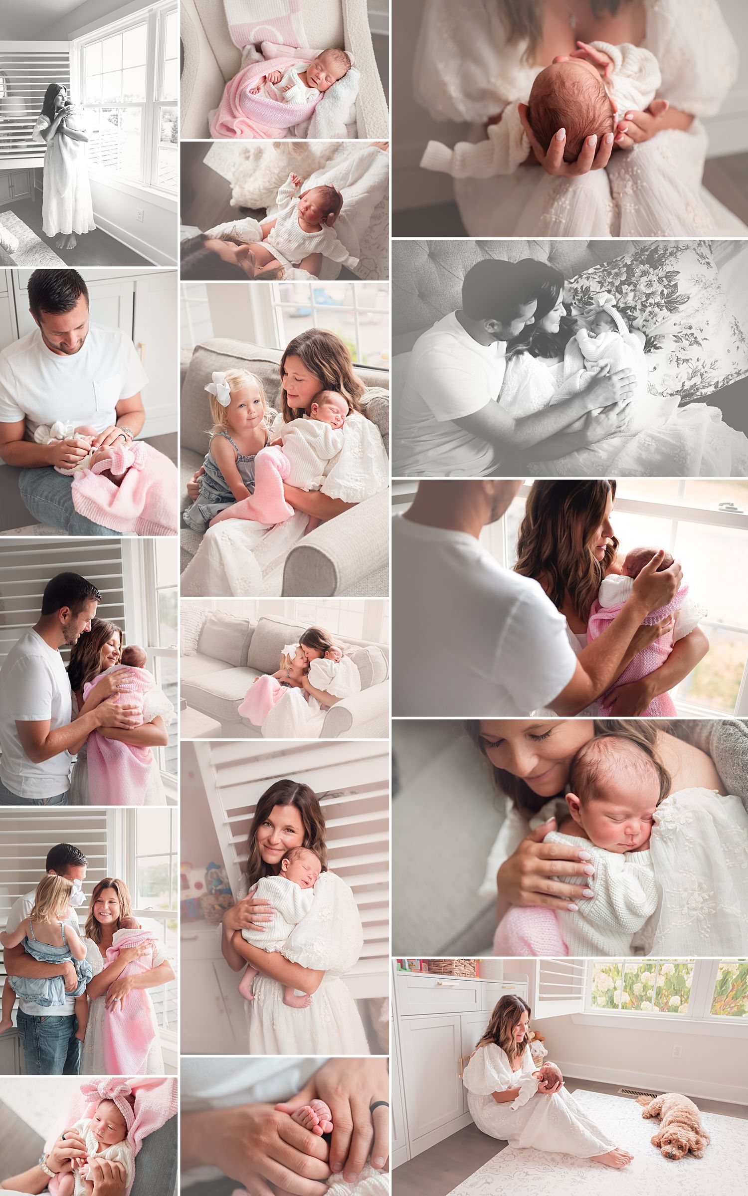A collection of tender newborn lifestyle photography moments showing parents bonding with baby in soft natural light.