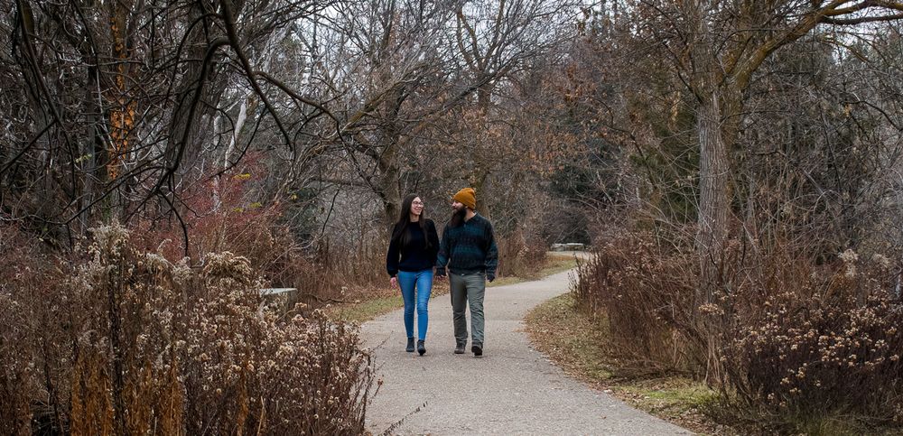 A scenic winter trail winds through bare trees with people walking in the distance on a cloudy day.