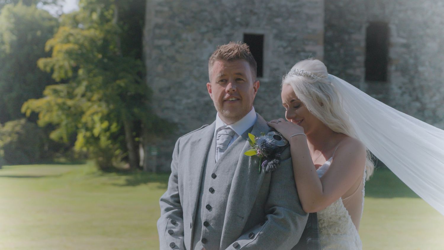 Castle Kennedy Gardens, Dumfries and Galloway wedding with bride hugging groom