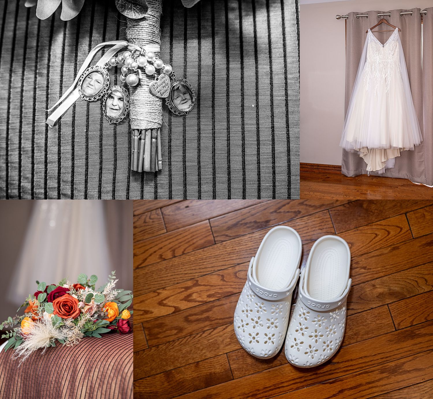 A sweet collection of wedding accessories including white ballet flats, tulle dress, and floral bouquet displayed on hardwood floor.