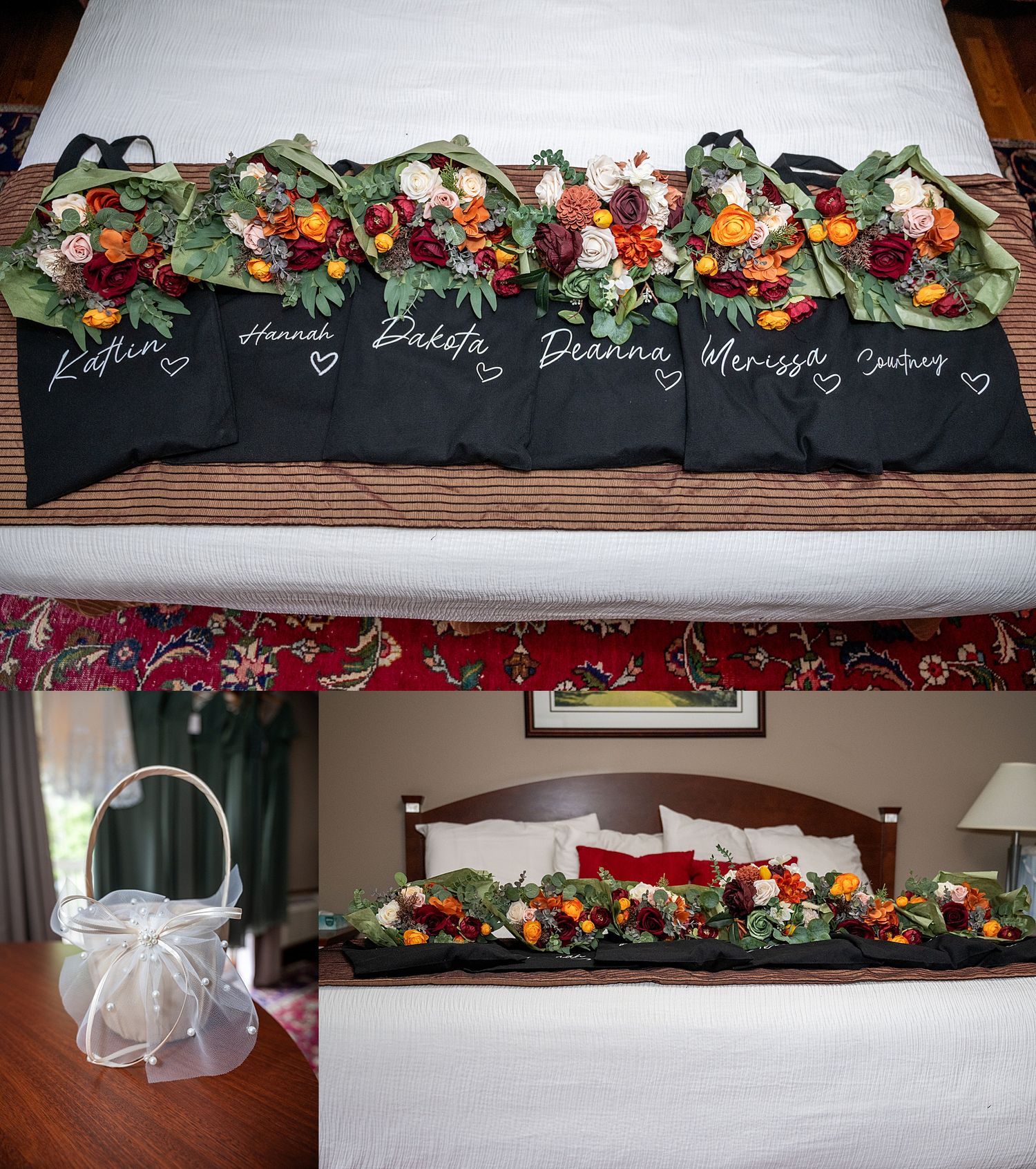 Garland of vibrant flowers and greenery decorate a dark wooden shelf against a beige wall in an indoor setting.