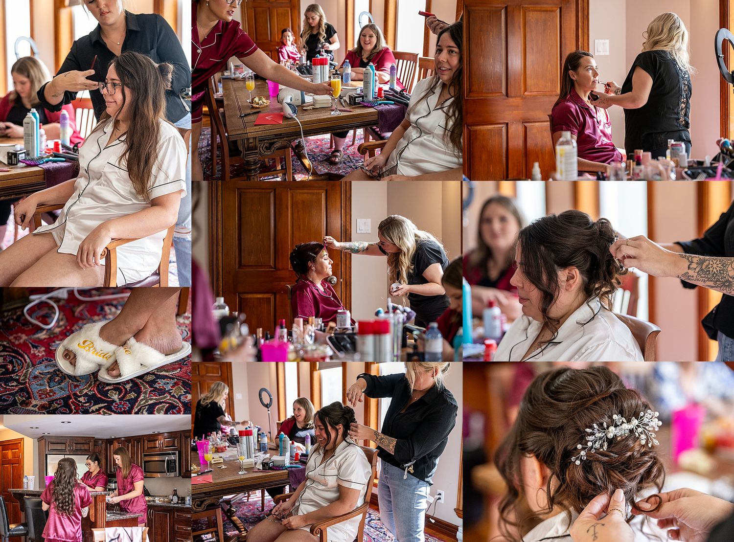 A montage of social gathering moments showing people mingling and celebrating at an indoor event with wood paneled walls.