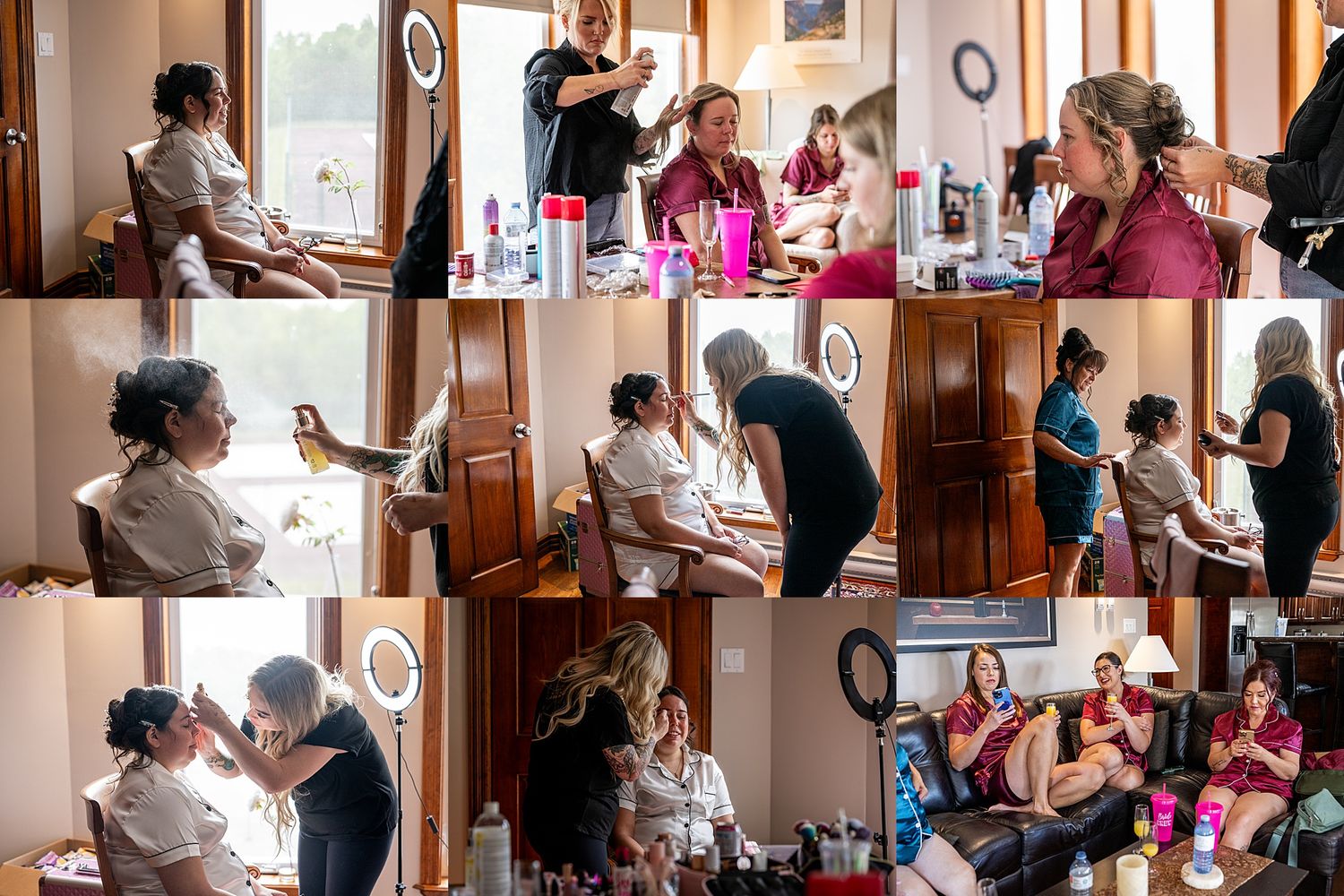 A collage showing preparations and styling moments in a warmly lit room with hot pink bridesmaid dresses.