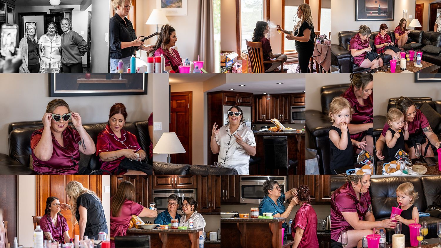 Wedding preparation photo collage featuring bright pink dresses and getting-ready moments in an elegant indoor setting.