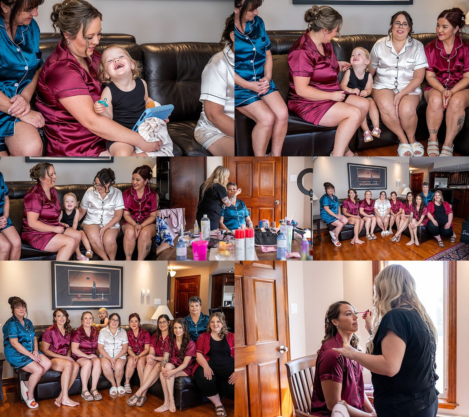 A group gathers in a room for a pre-wedding event wearing burgundy and white outfits.