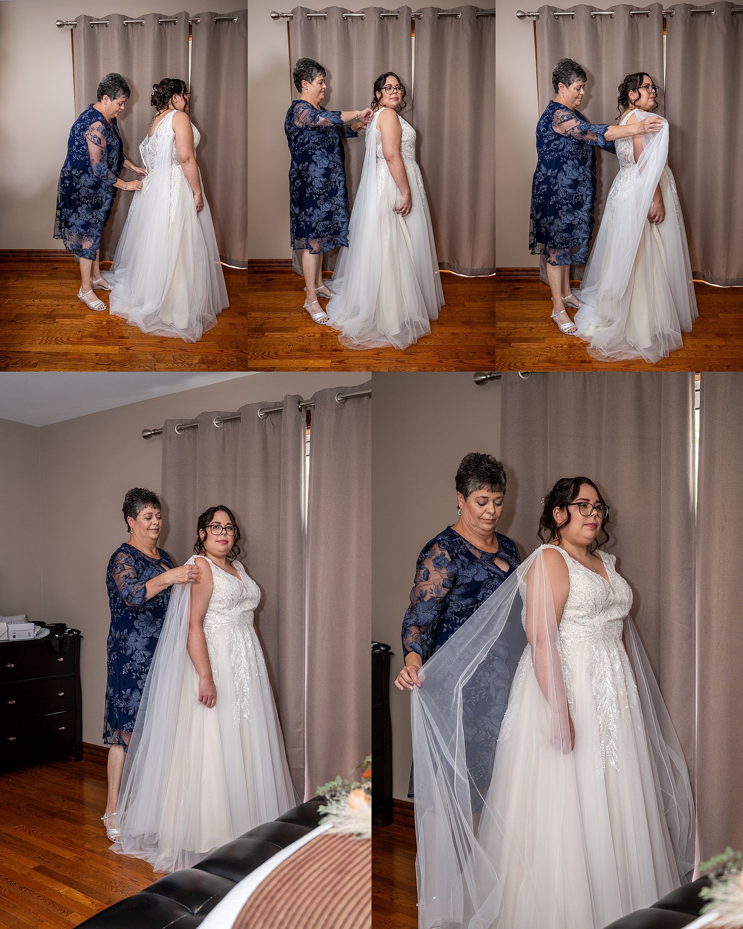 A couple in formal attire, one in white gown and one in blue suit, pose together for wedding photos in an elegant indoor setting.